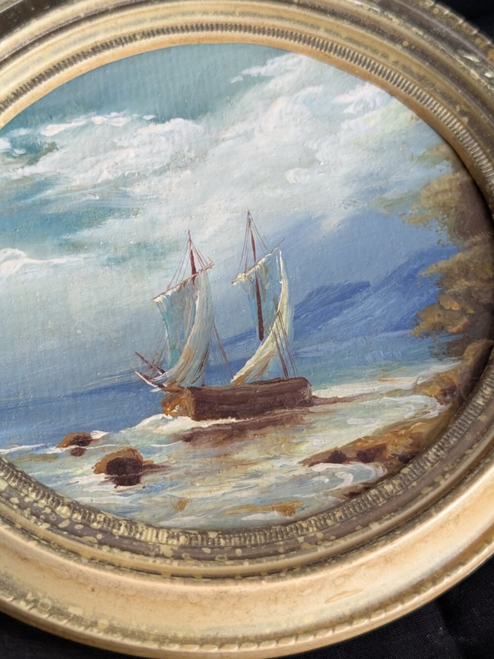 Vintage Oval Framed Oil Painting Ocean Sailboat Vintage Seascape Art Painting 8" - Picture 2 of 15